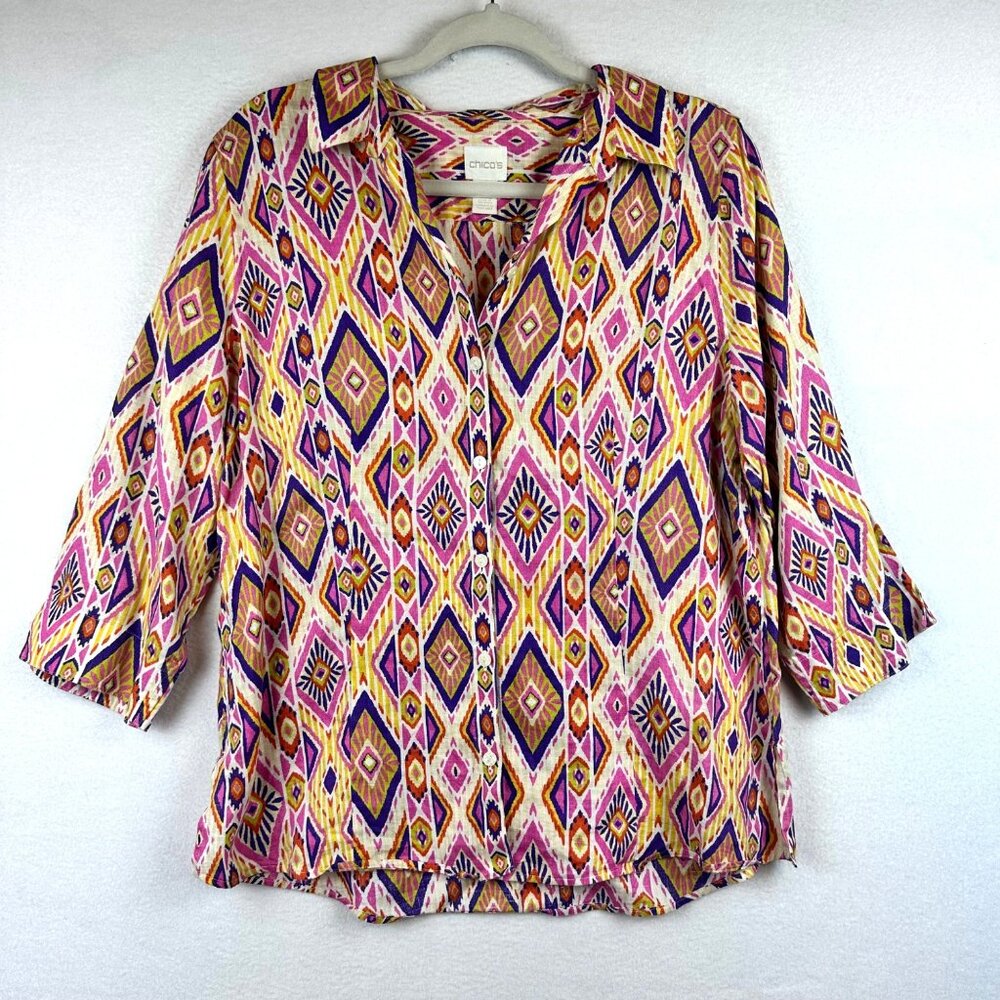 Chico's Ikat 100% Linen Button Shirt Size 1 Medium Coastal Cruise Travel Boho